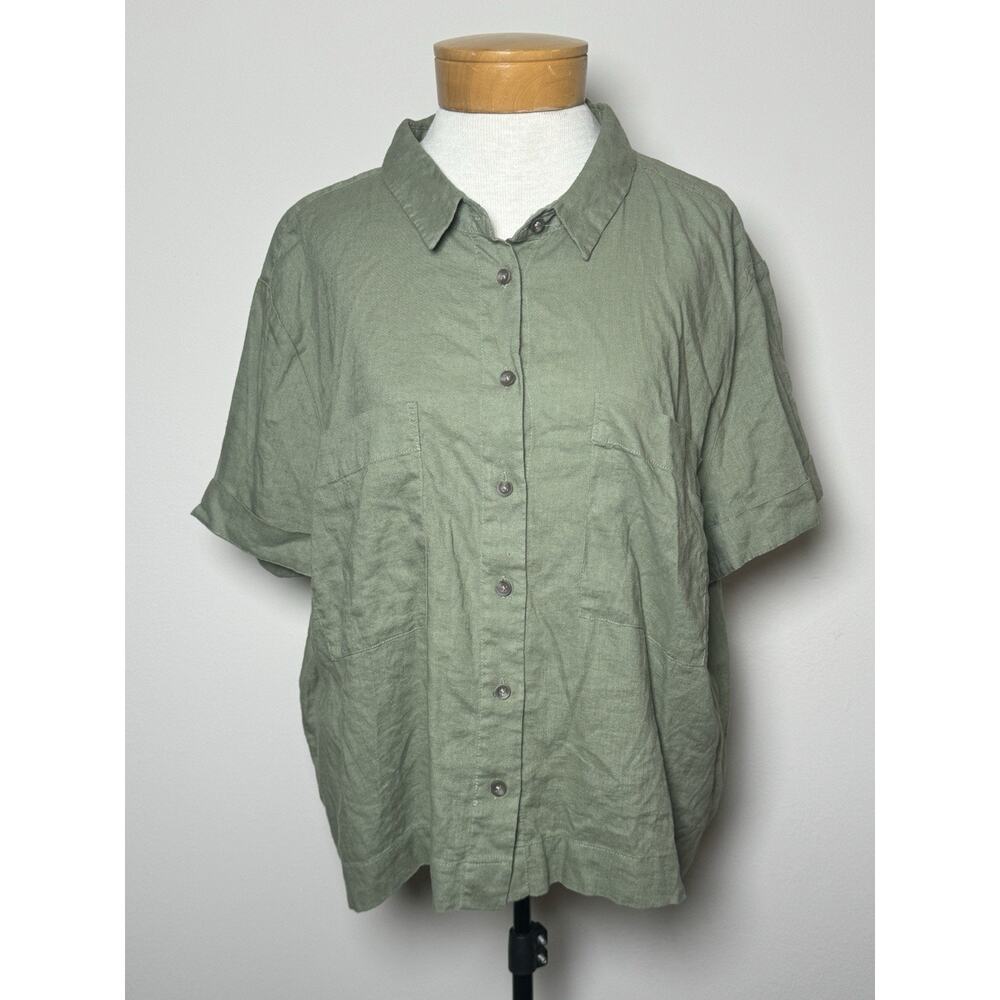 NWT Alex & Jordan 2X Olive Green Linen Button Up Boho Safari Shirt Short Sleeve